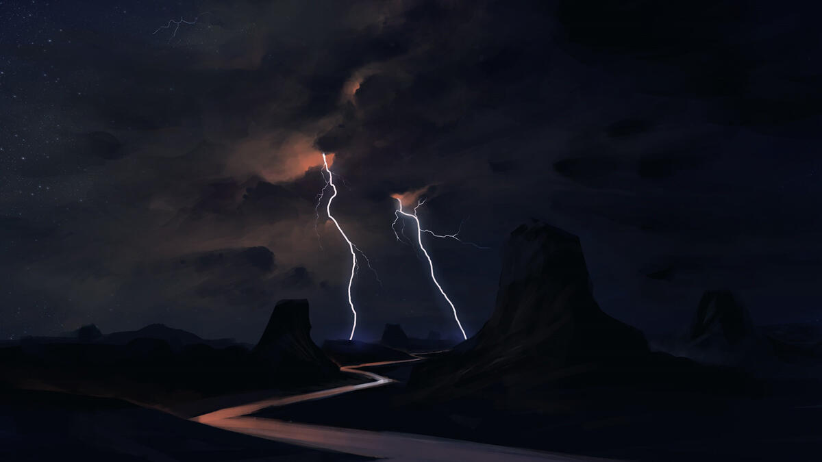 Painted landscape with a thunderstorm in the night sky