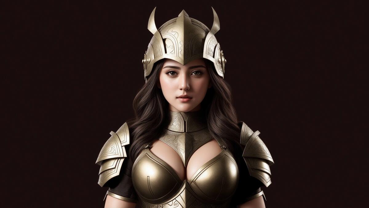 Girl warrior in helmet and armor on dark background