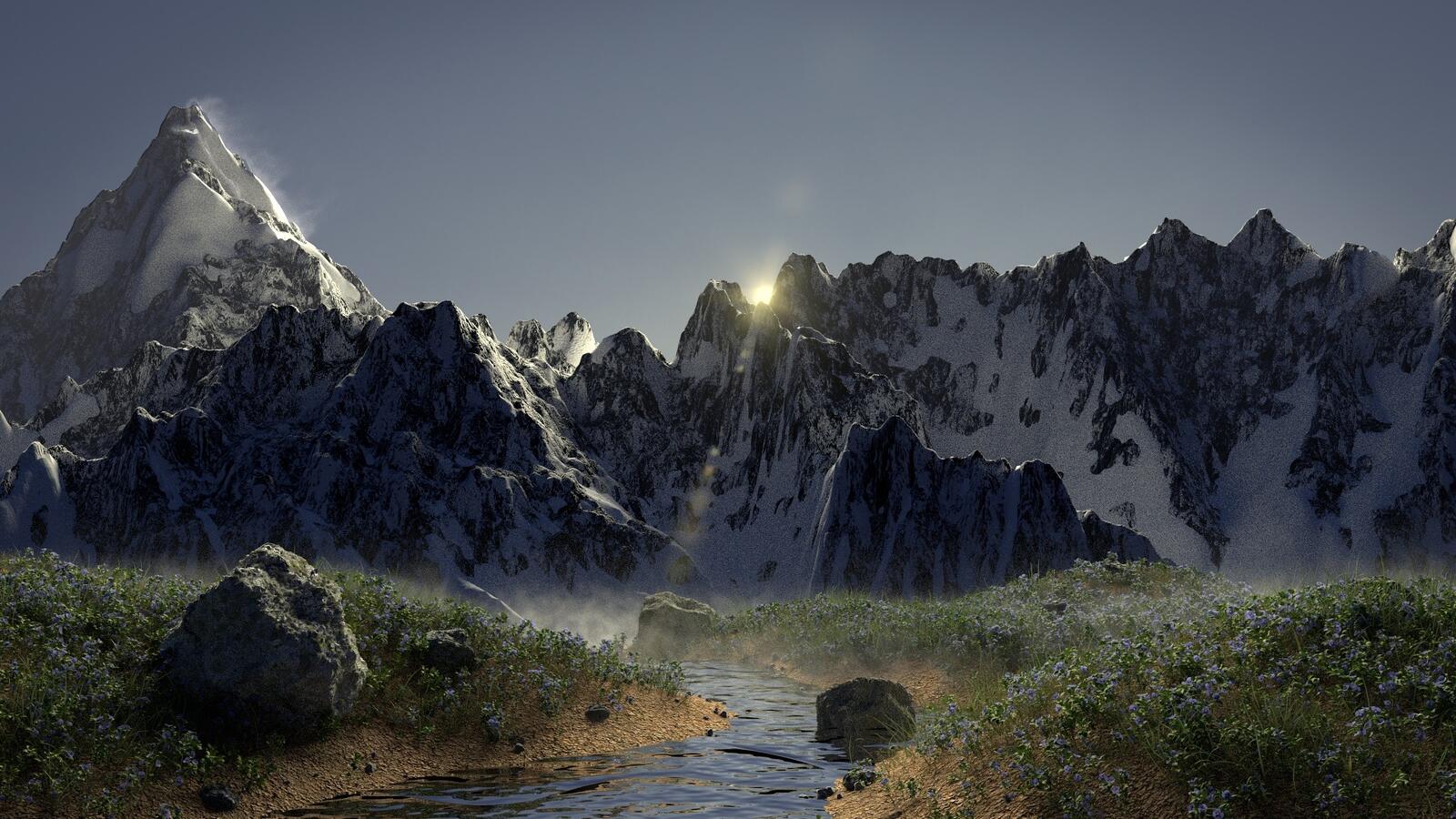 Бесплатное фото Солнце выходит из-за вершин гор со снежными вершинами