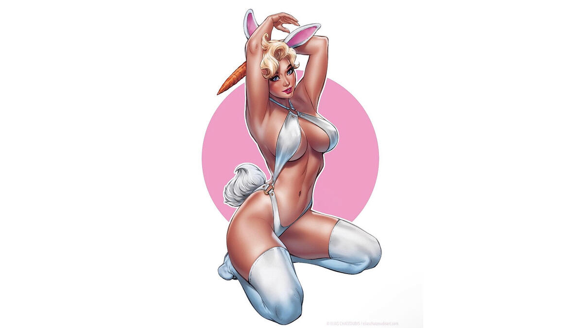 Рисунок Stefania Ferrario в костюме зайца на белом фоне