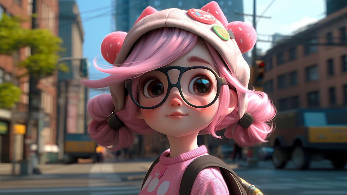 A girl with glasses on a city street
