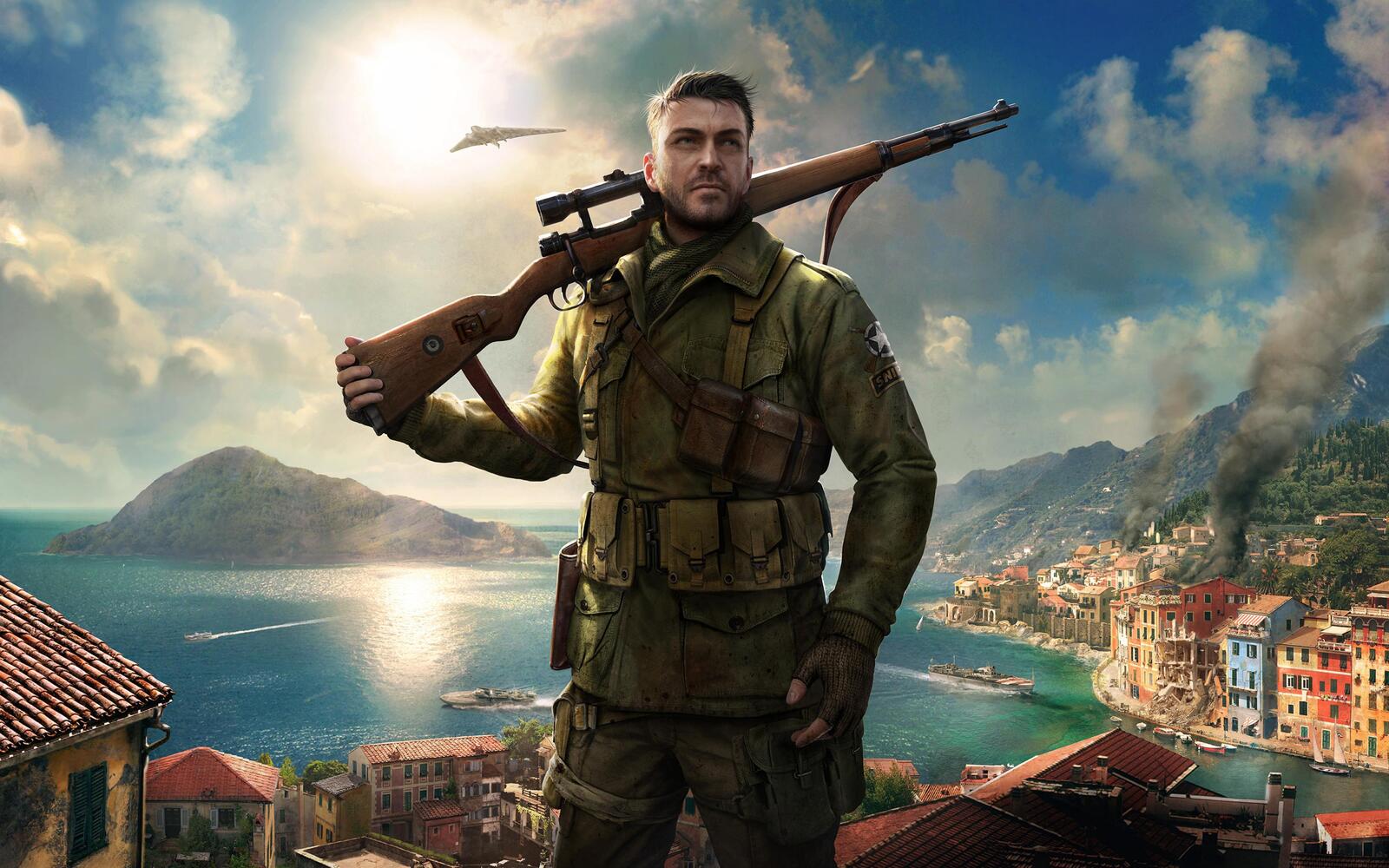 Бесплатное фото Мужчина с винтовкой из игры sniper elite 4