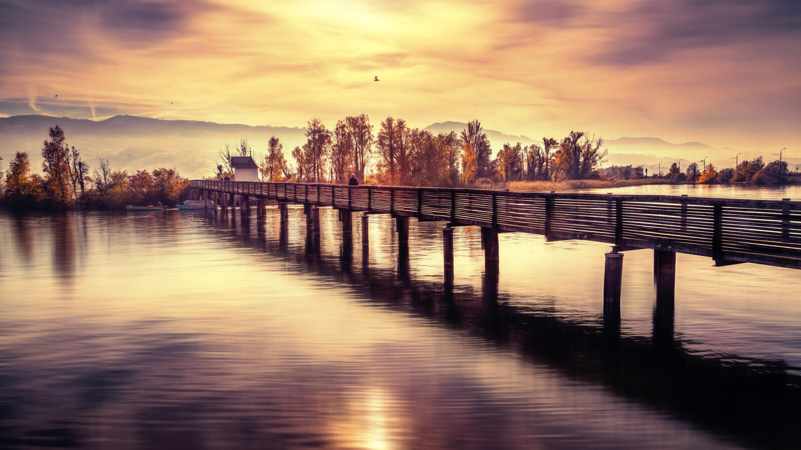 Бесплатное фото Деревянный пешеходный мостик через спокойную реку