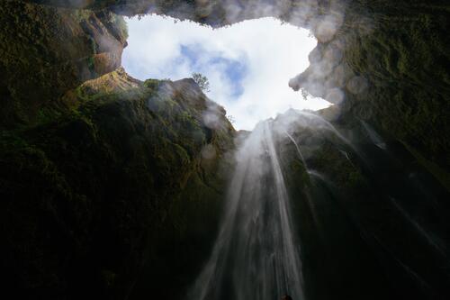 A waterfall in a deep cave