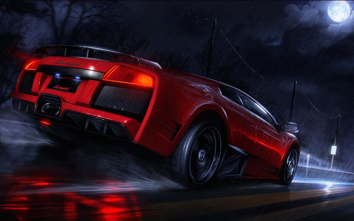 A red Lamborghini driving on a wet night road.