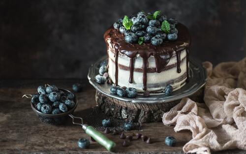 Chocolate cake decorated with blueberries