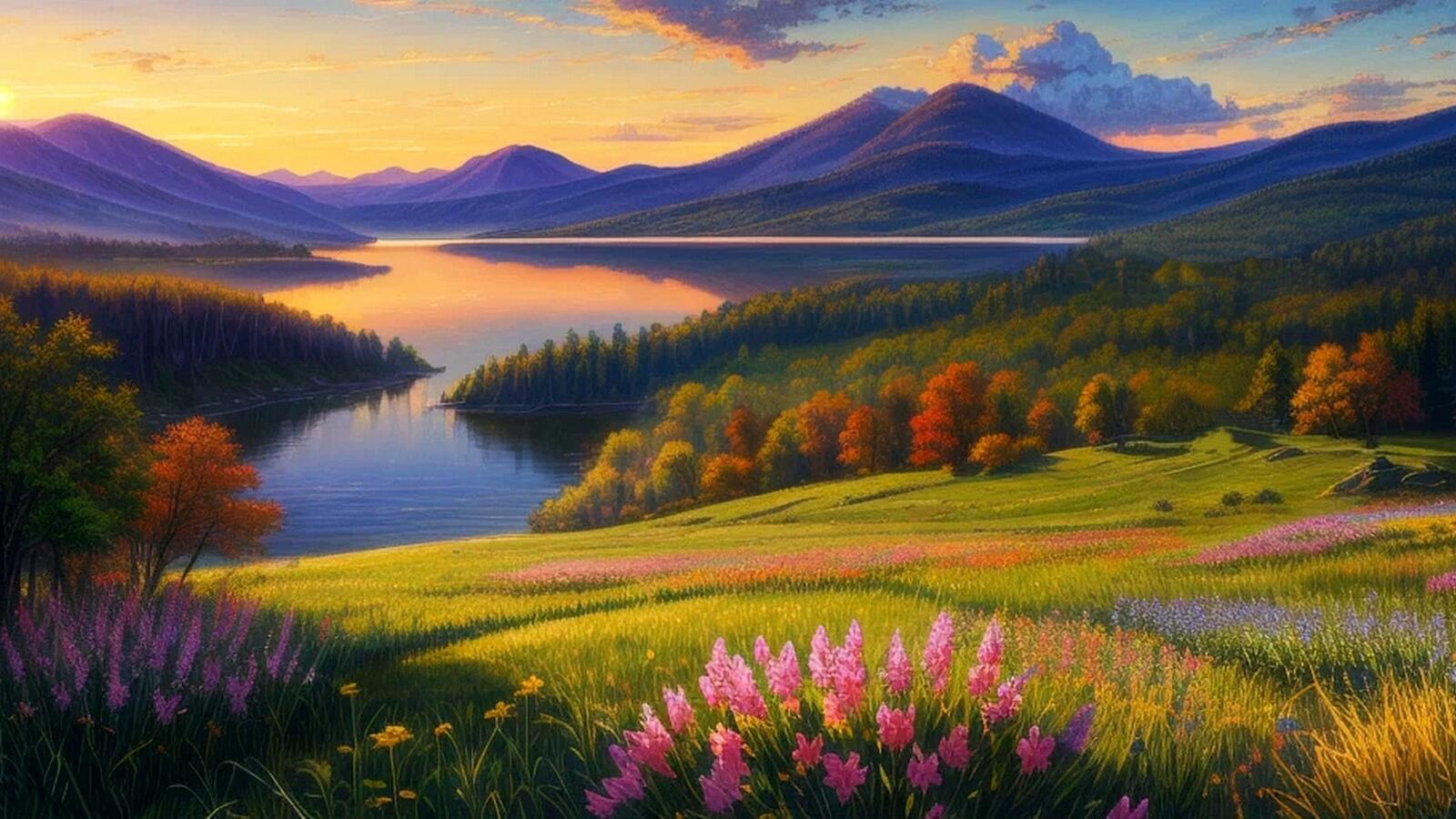 Бесплатное фото Луга и озеро на фоне гор