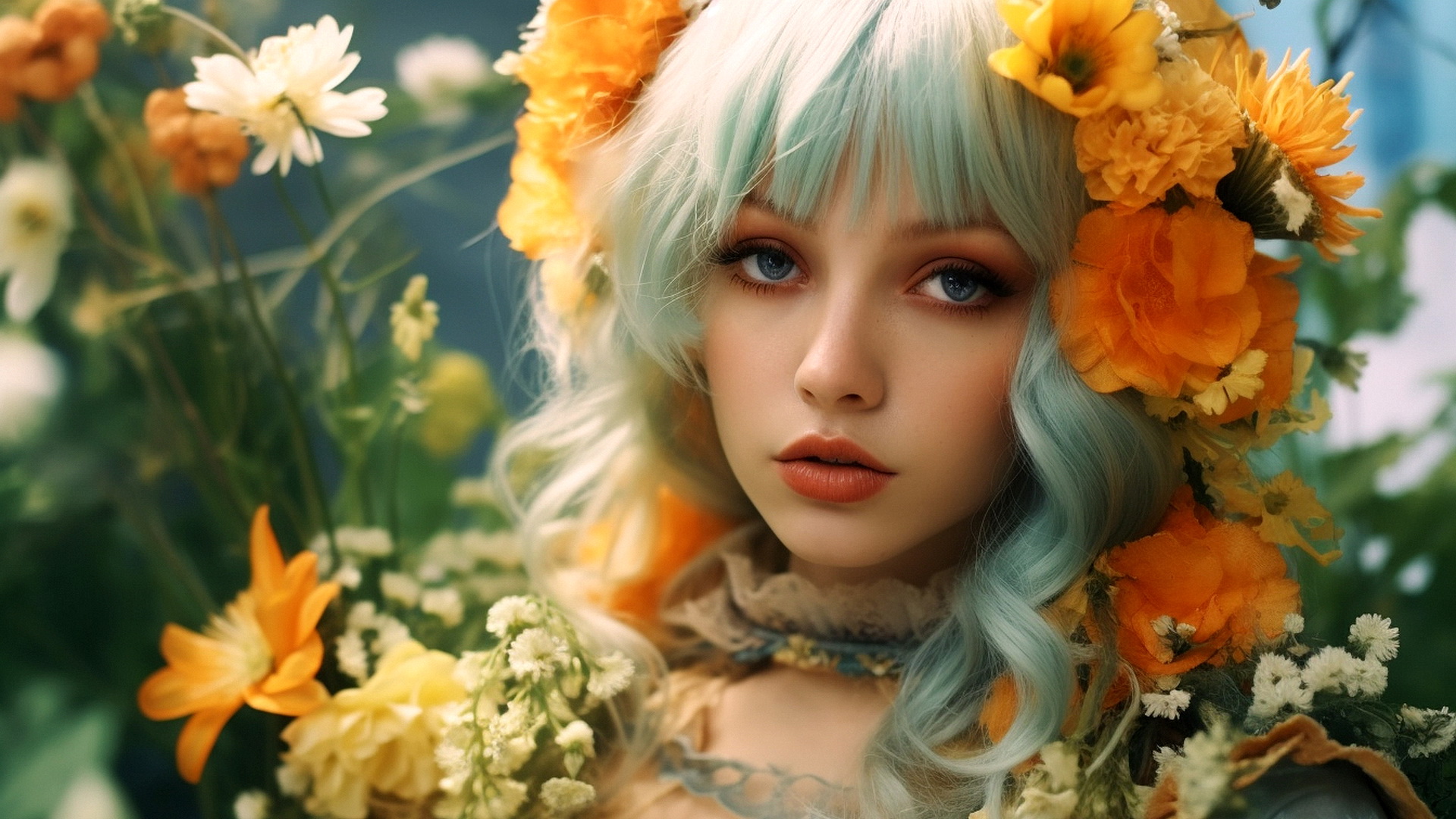 Portrait of a blonde girl and flowers