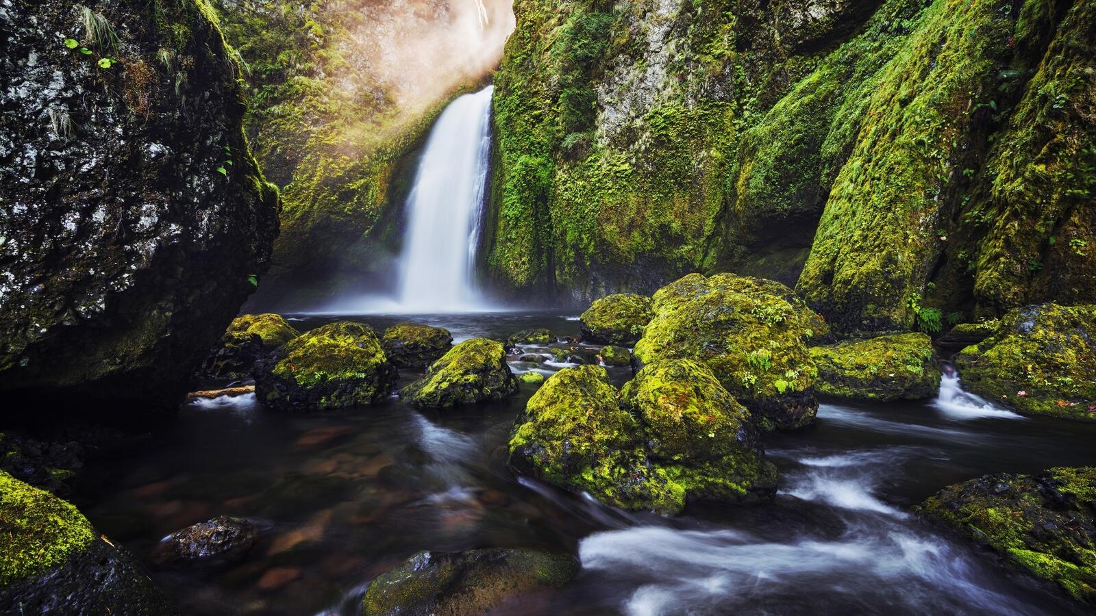 免费照片绿苔丛生的峡谷中的瀑布。