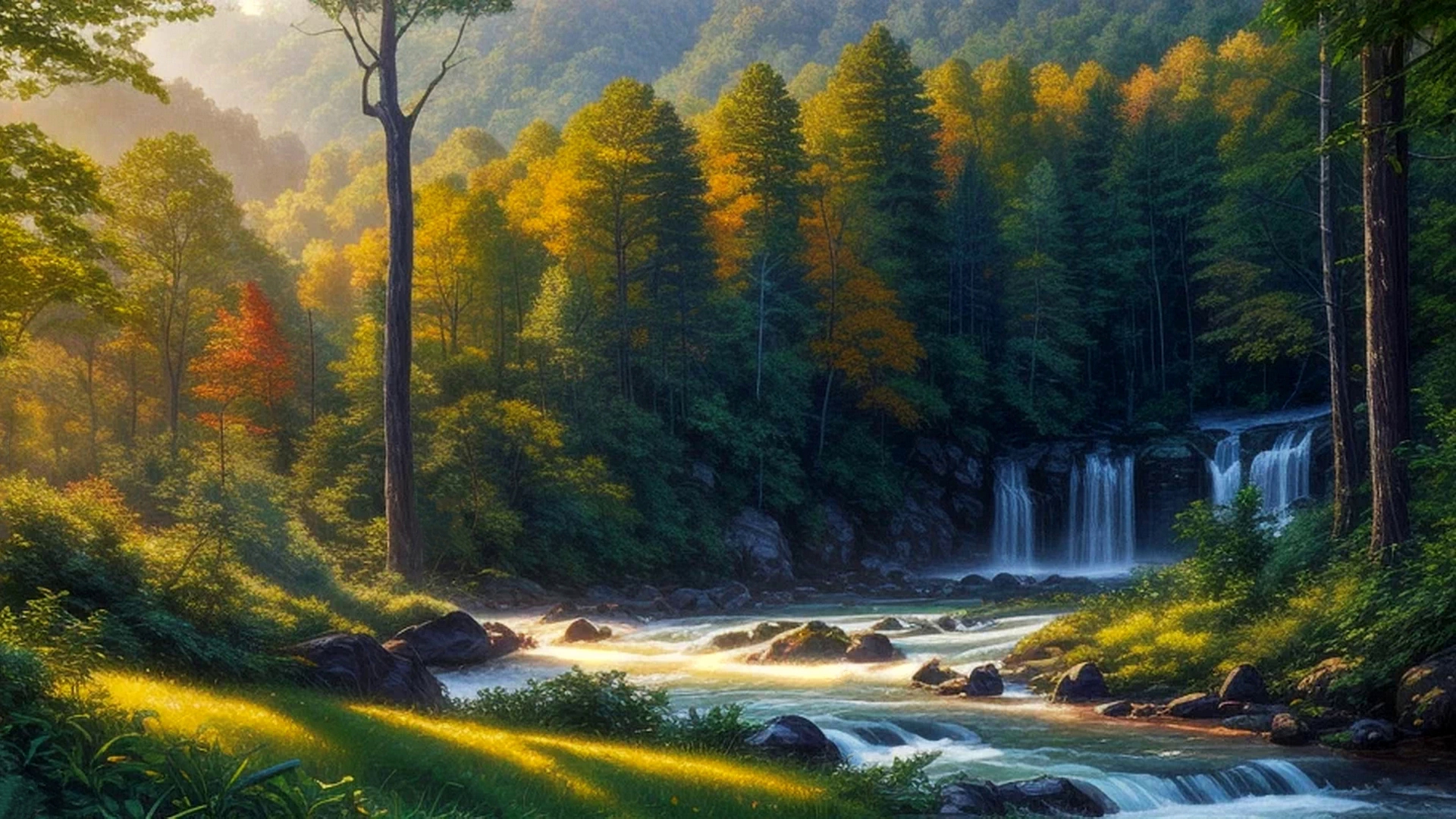Лесной пейзаж и водопад с речкой