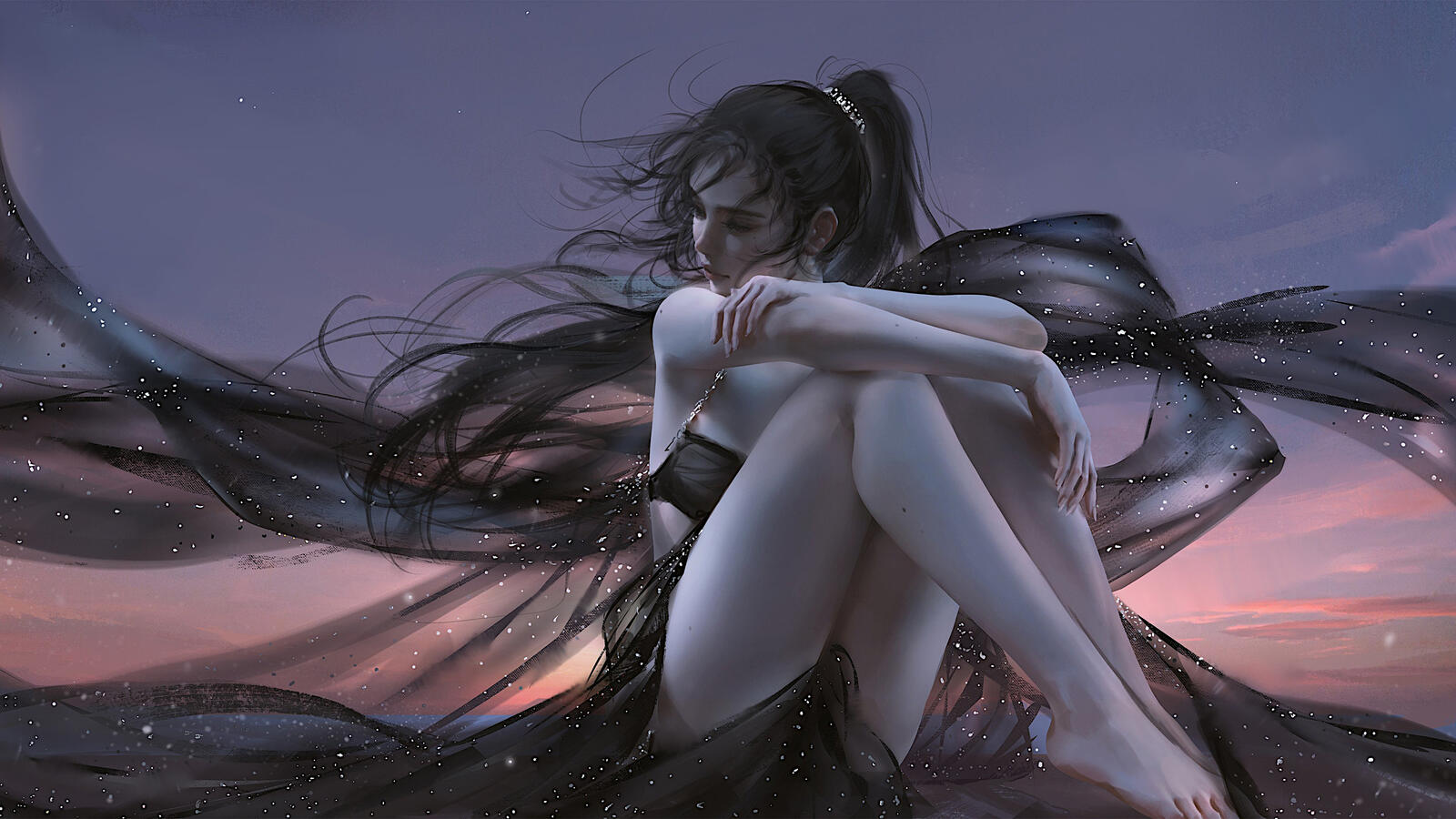 Бесплатное фото Рисунок девушки сидящей в черном легком платье которое раздувает ветер