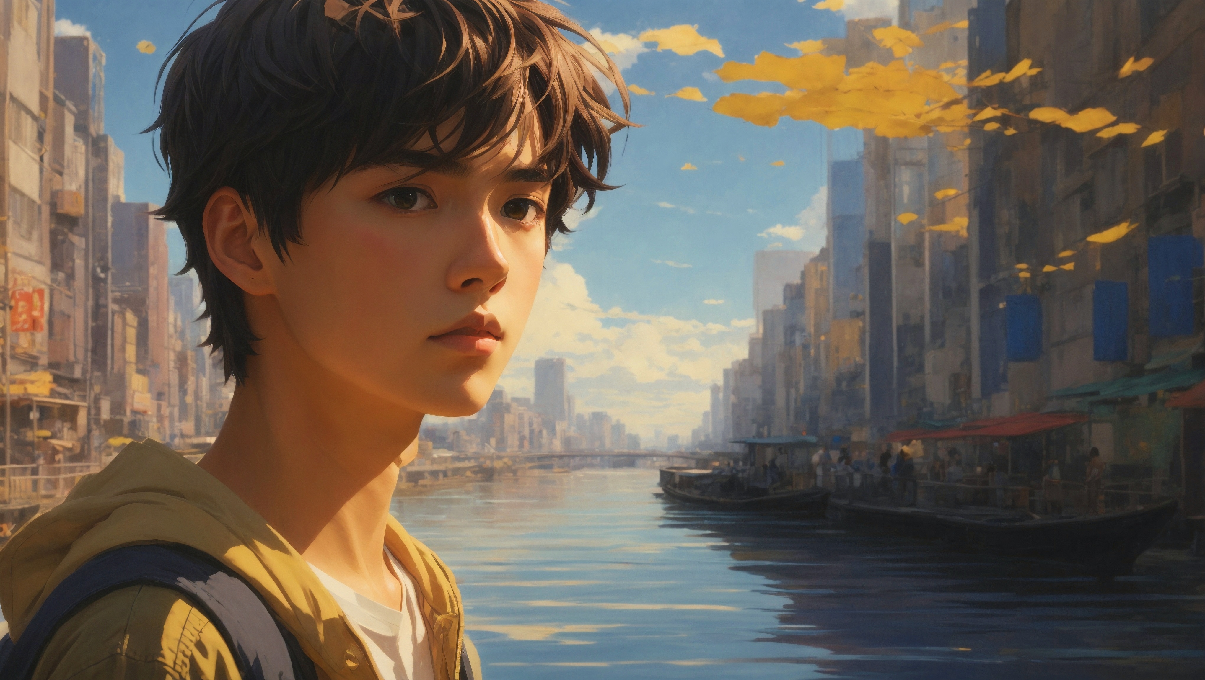 Free photo A painting depicting a boy in an urban setting