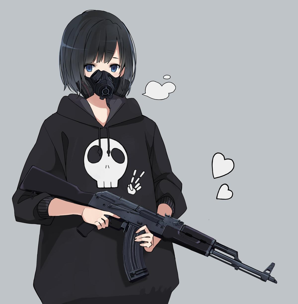 An anime girl in a black sweater with a machine gun.