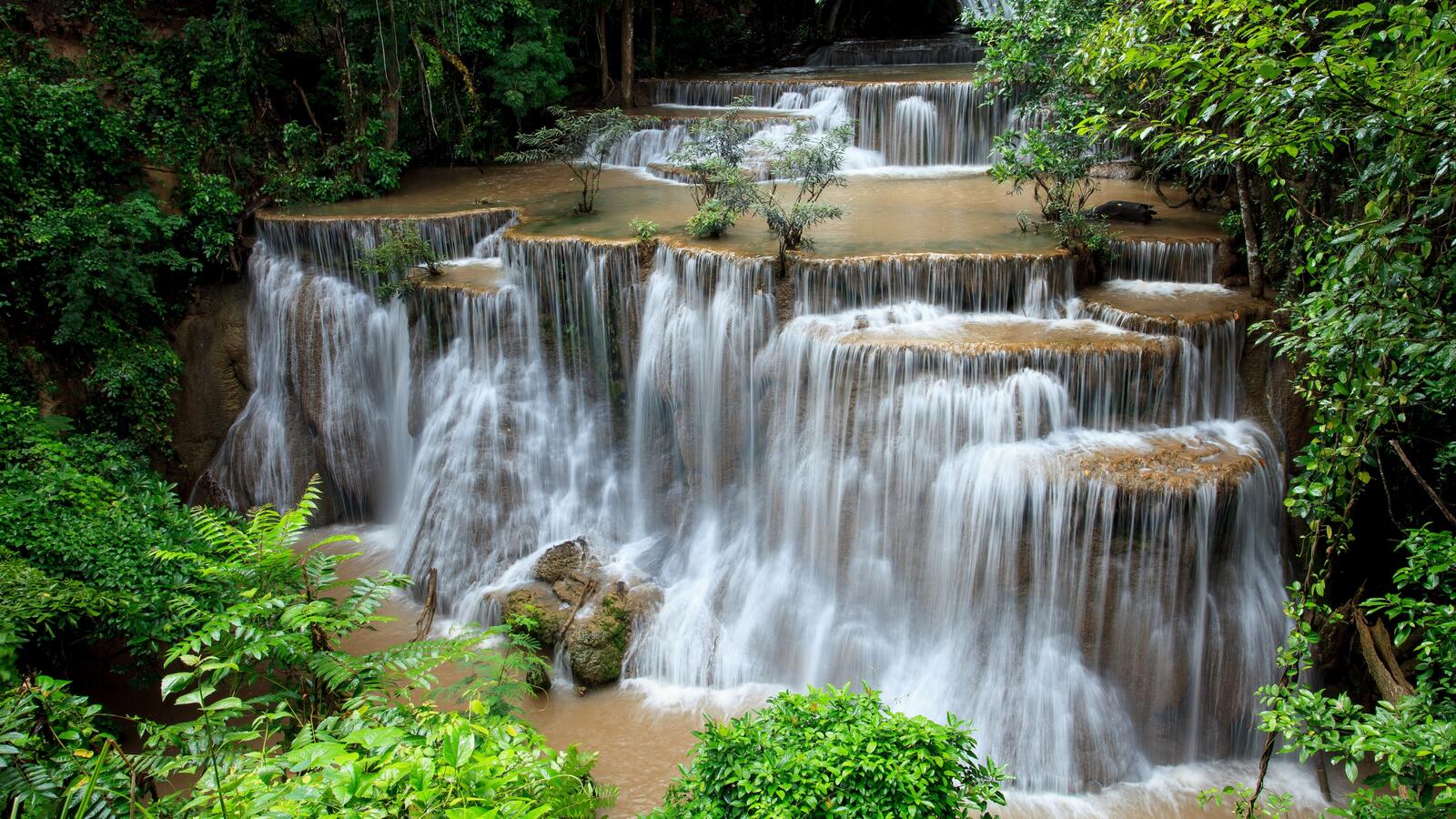 Free photo A multi-story waterfall in the forest of Thailand
