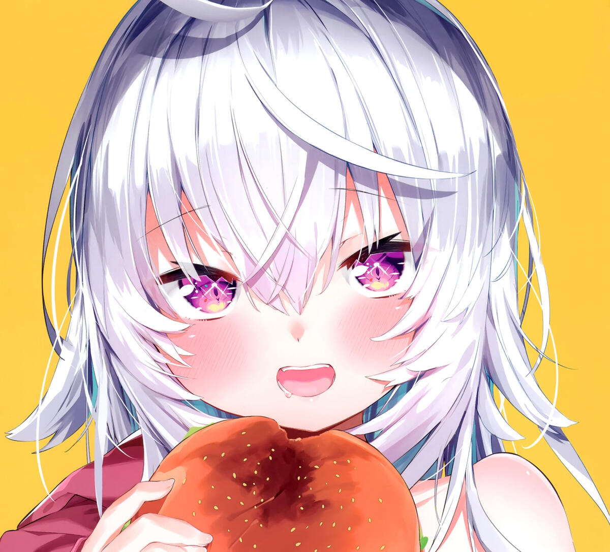 Anime Girl Eating Bread on Yellow Background