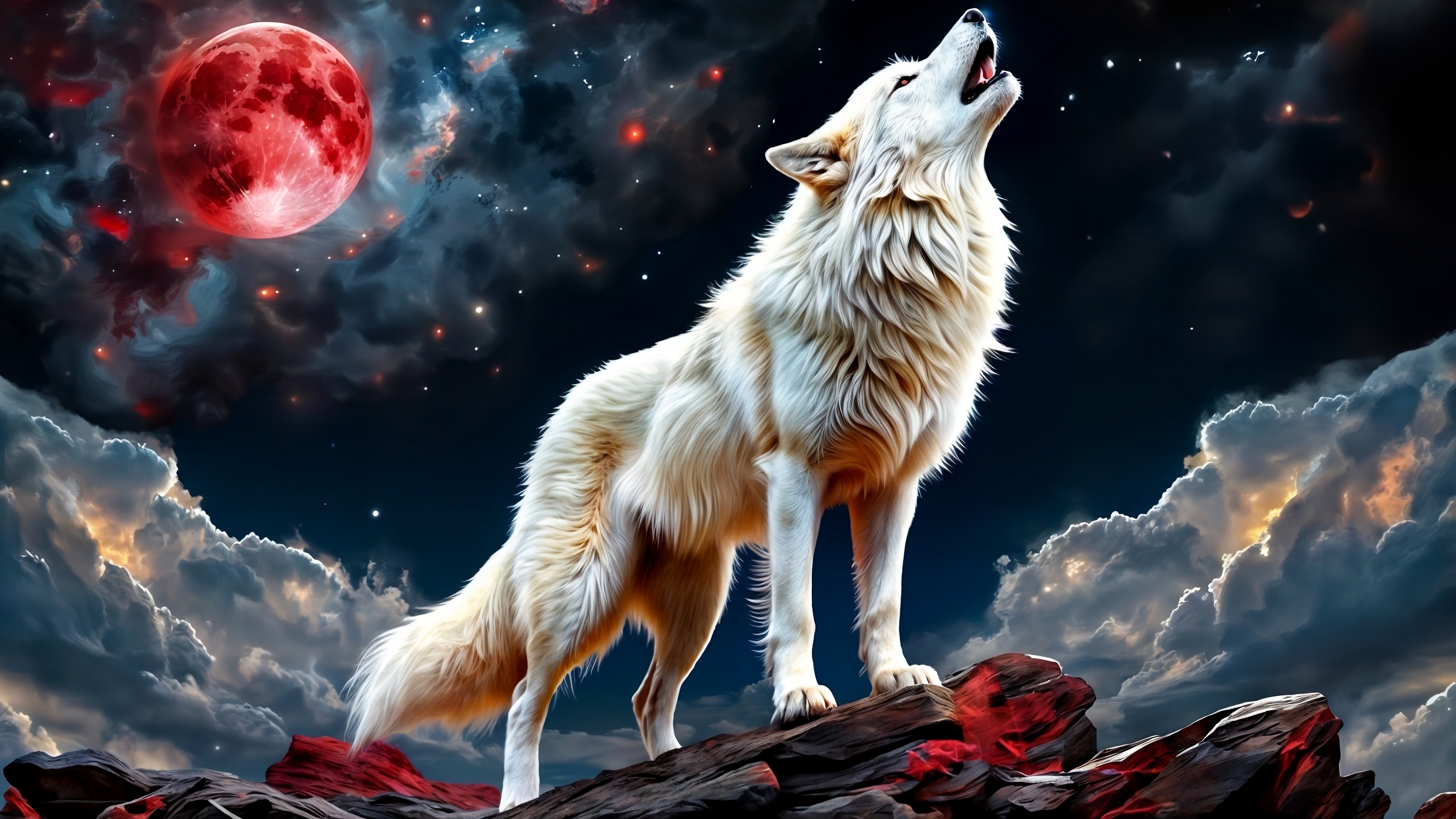 Бесплатное фото Белый волк на вершине холма воет на луну