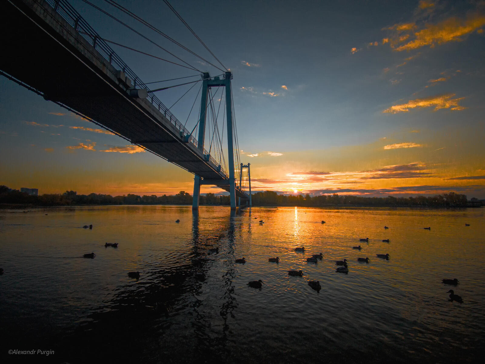 Бесплатное фото Восход солнца в парке возле реки с подвесным мостом
