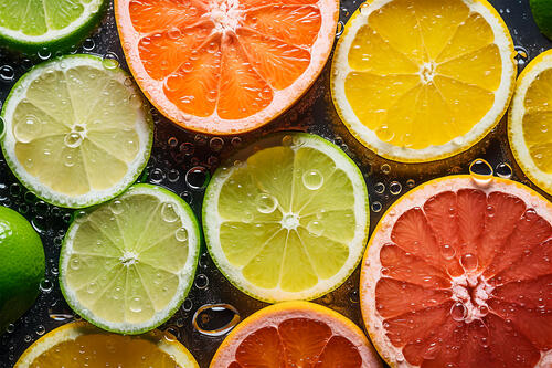 Citrus fruit slices in water