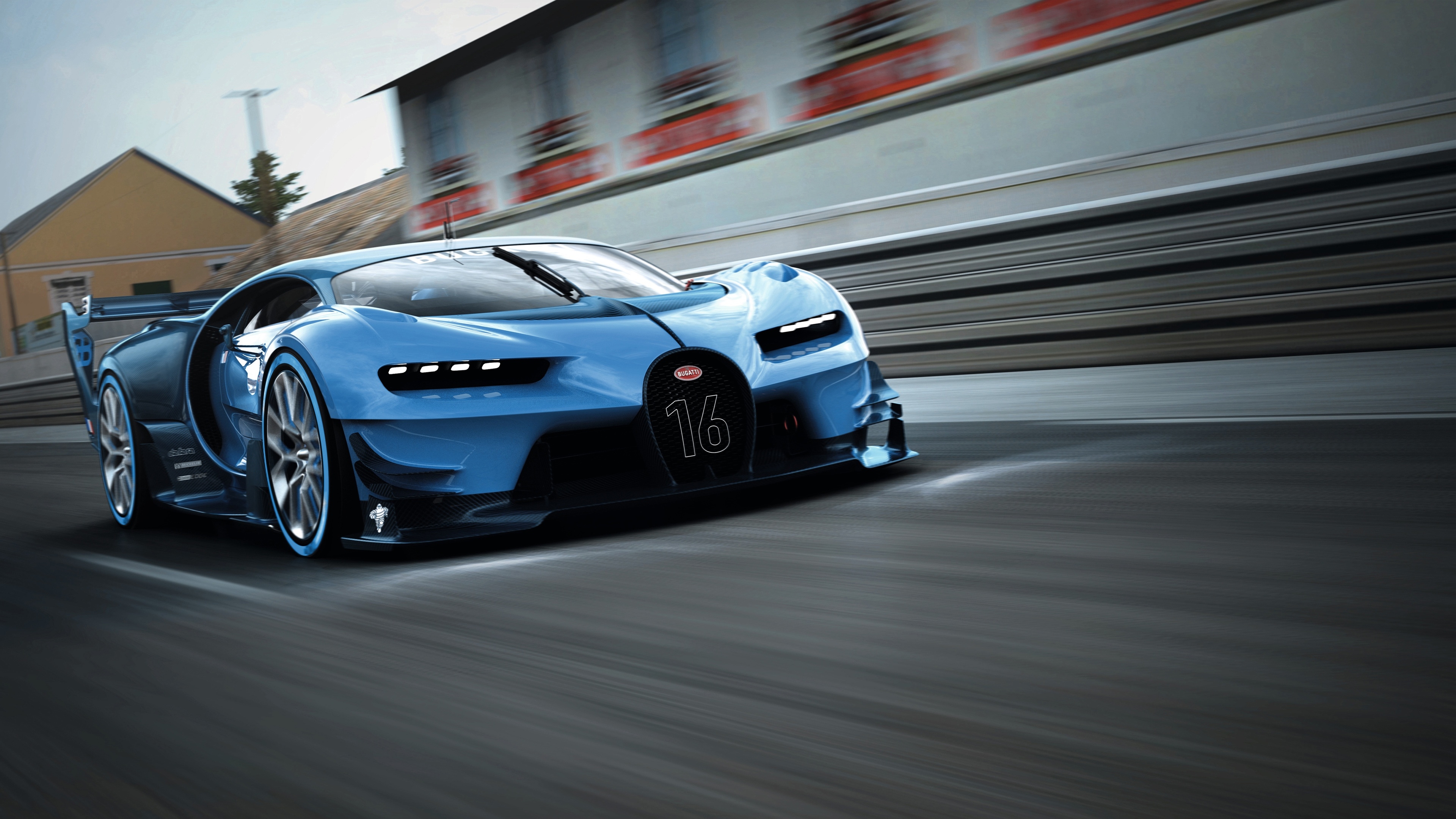 Синий bugatti vision едет по дороге