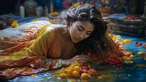 A woman in yellow laying on a pond with flowers