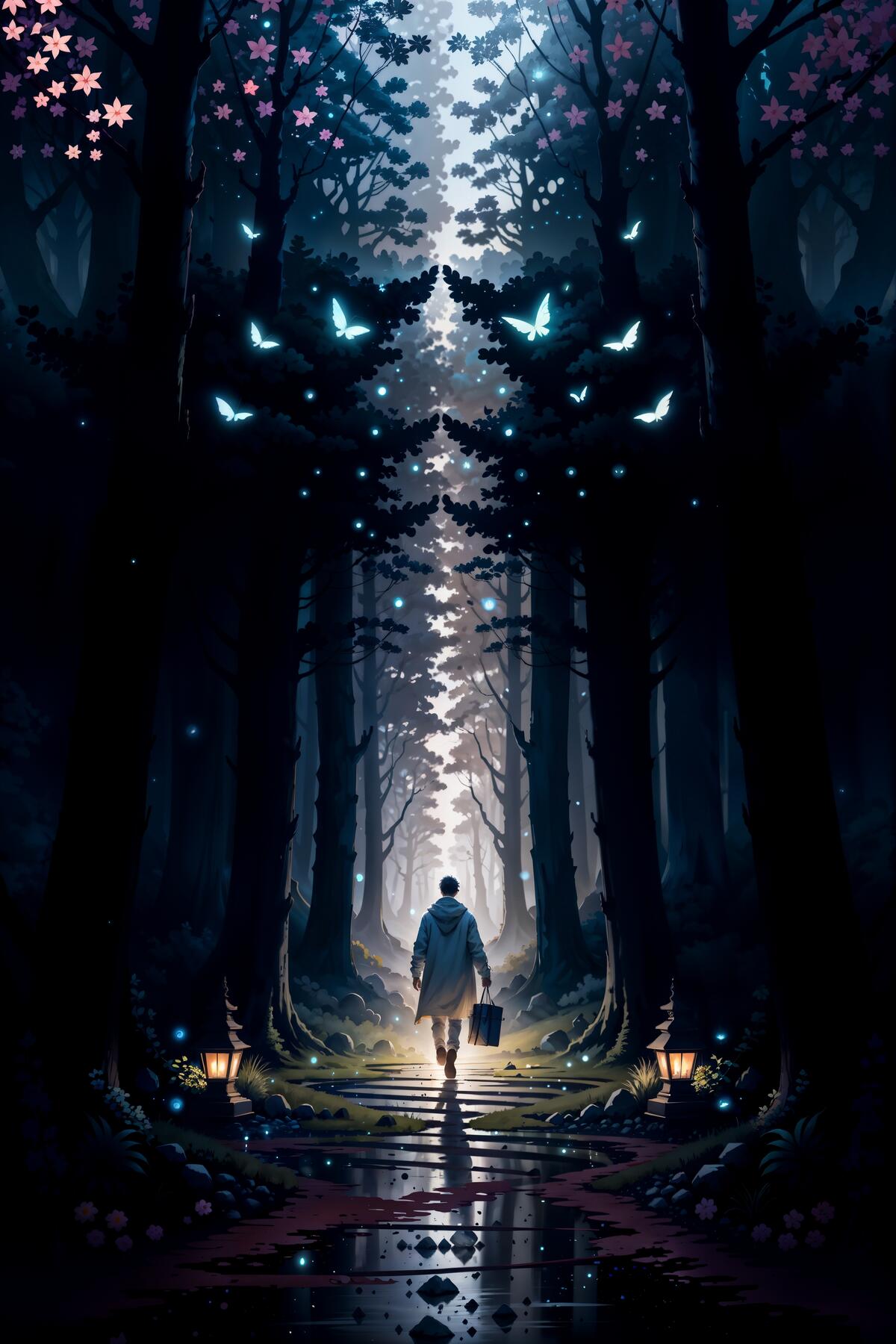 Рендеринг прогулка по темному фантастическому лесу