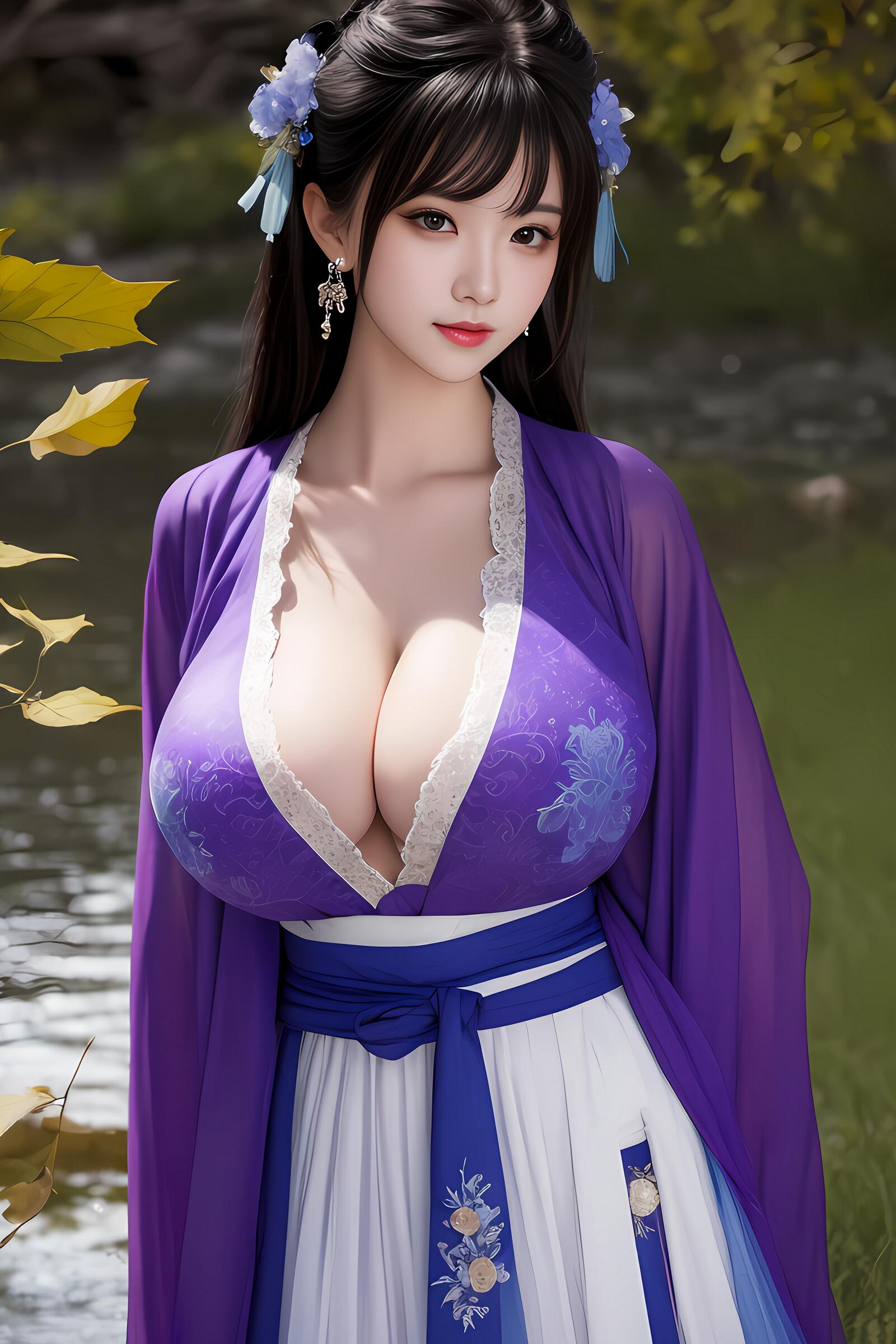 Бесплатное фото Темноволосая девушка в фиолетовом кимоно