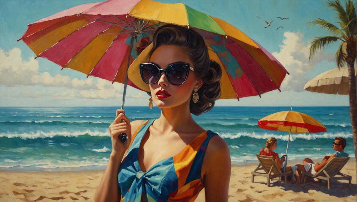 Женщина с открытым зонтом от солнца на пляже с людьми