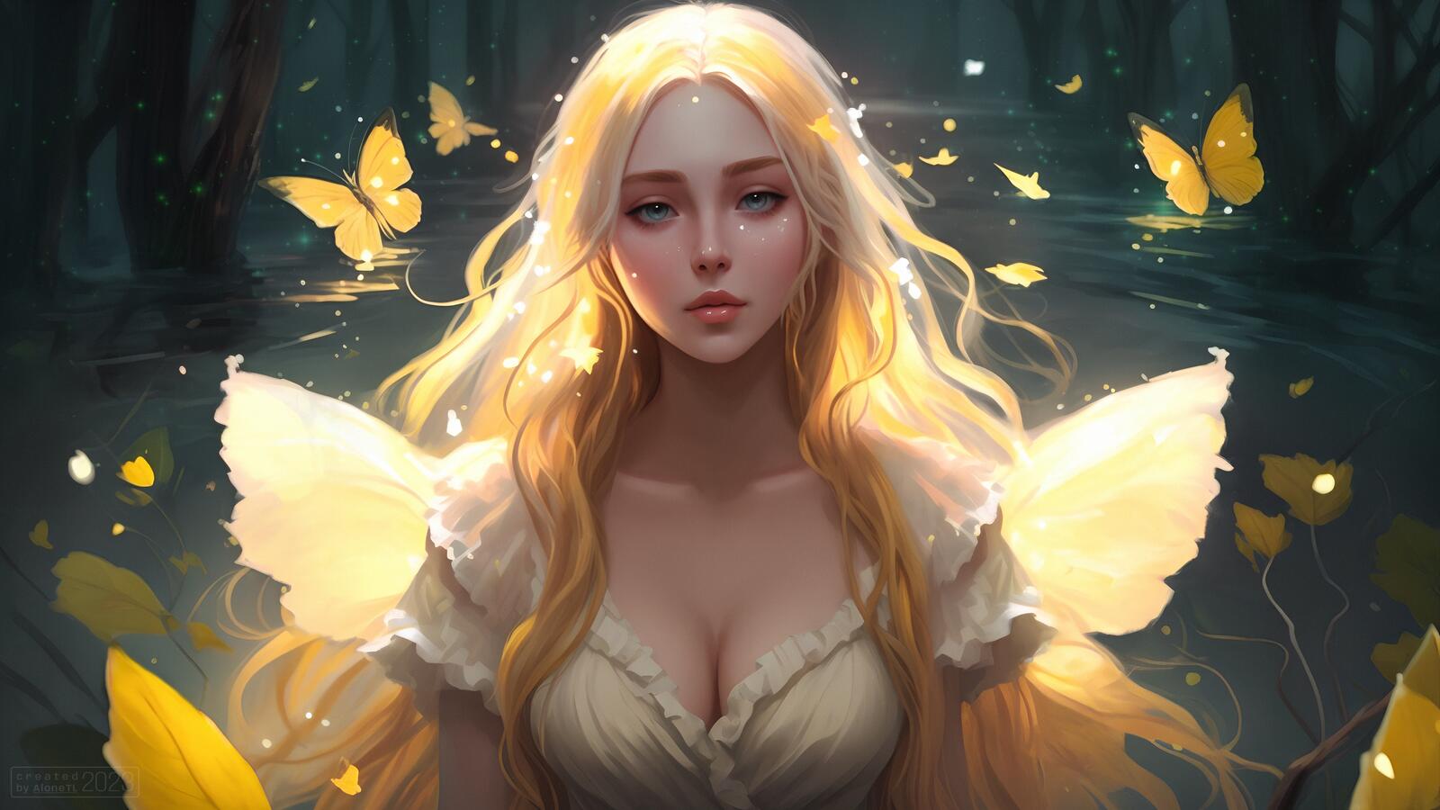 Бесплатное фото Фэнтези девочка бабочка в желтом платье