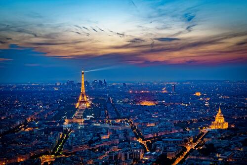 Eiffel Tower in a panoramic nightscape