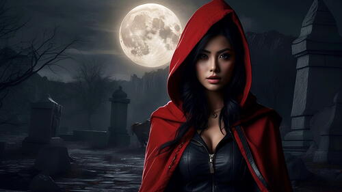 Девушка в красном плаще ночью на кладбище