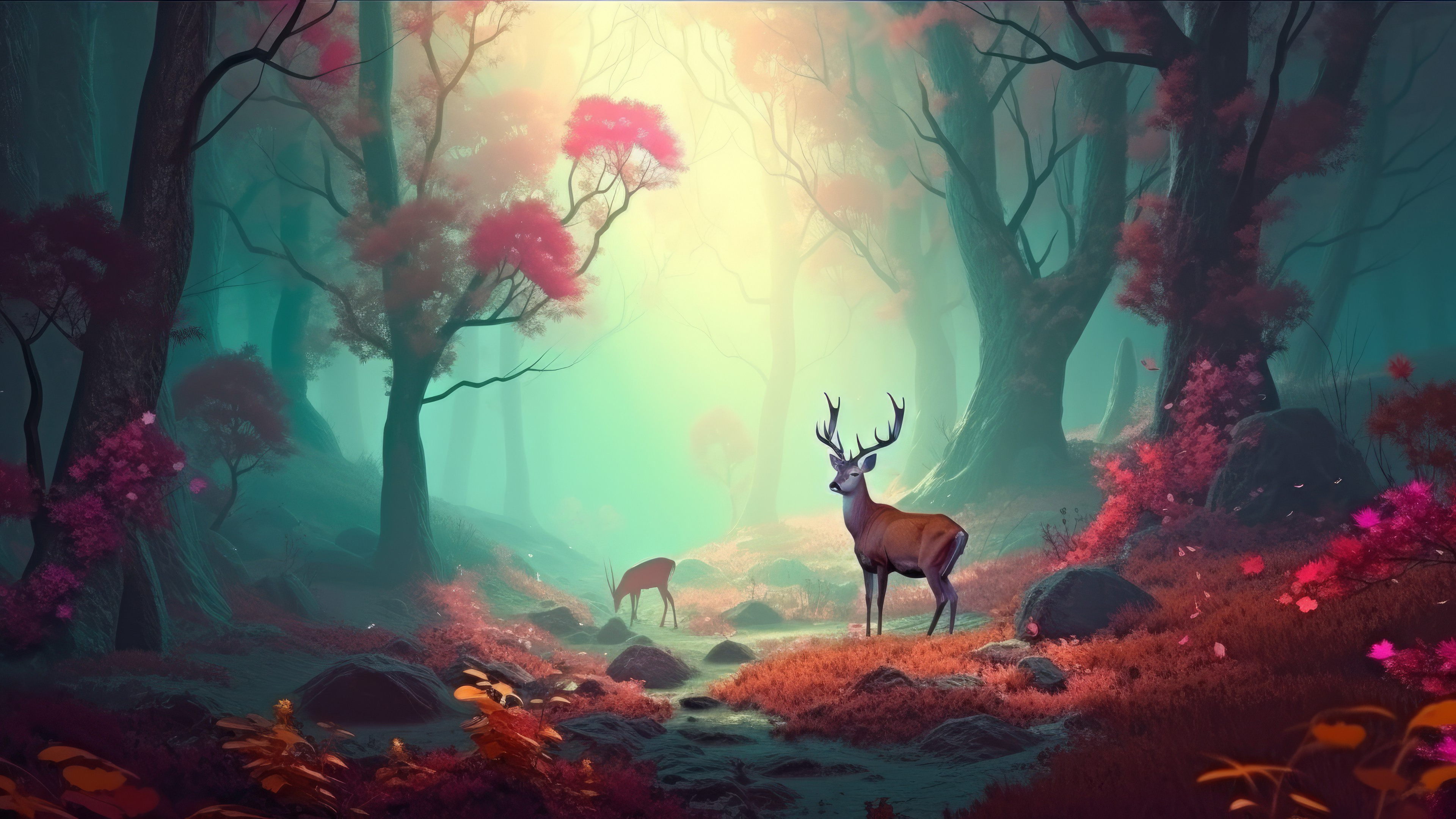 A fantastic misty forest with reindeer