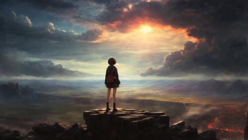 A girl is standing on the top of a hill