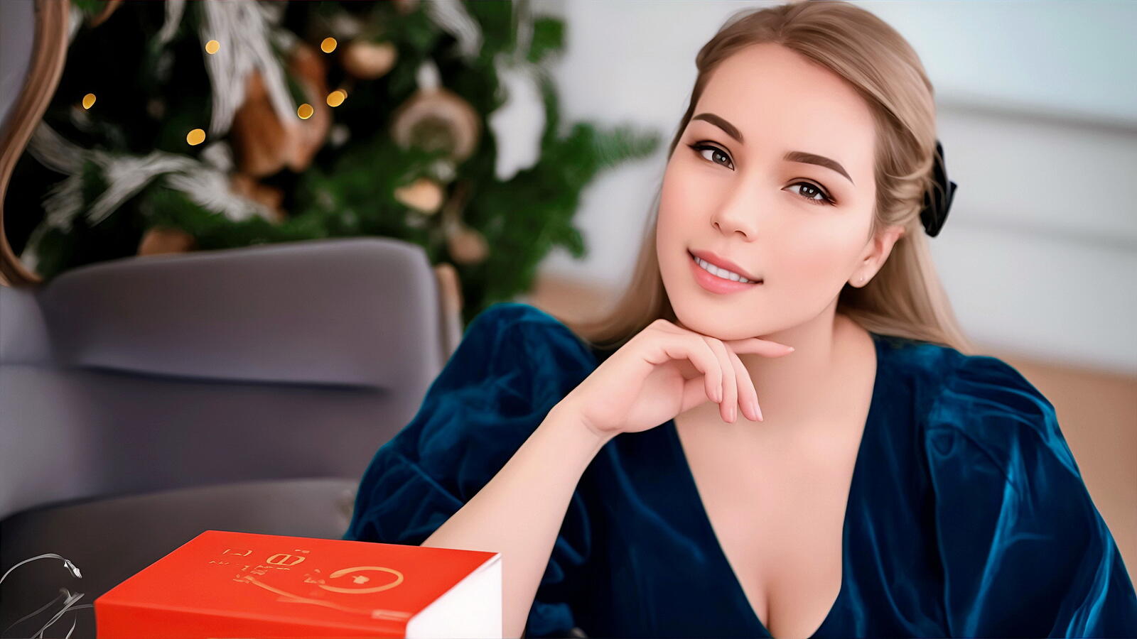 Free photo Blogger Yulia Yakovleva sits at a table with a book