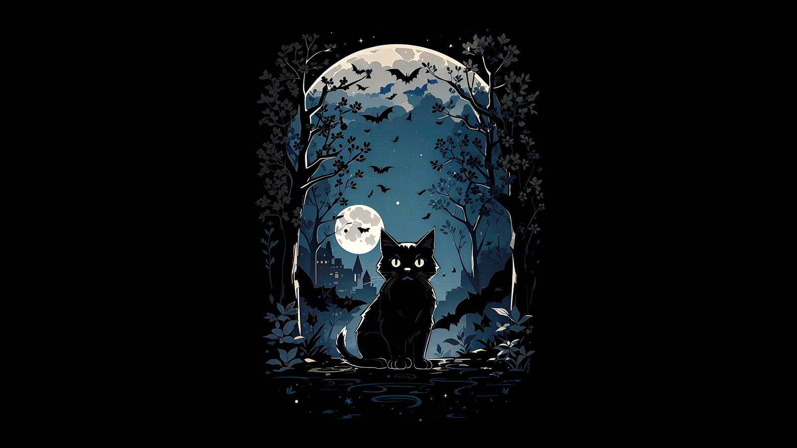 Бесплатное фото Рисунок черный кот на фоне ночного неба