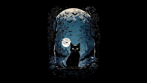 Рисунок черный кот на фоне ночного неба