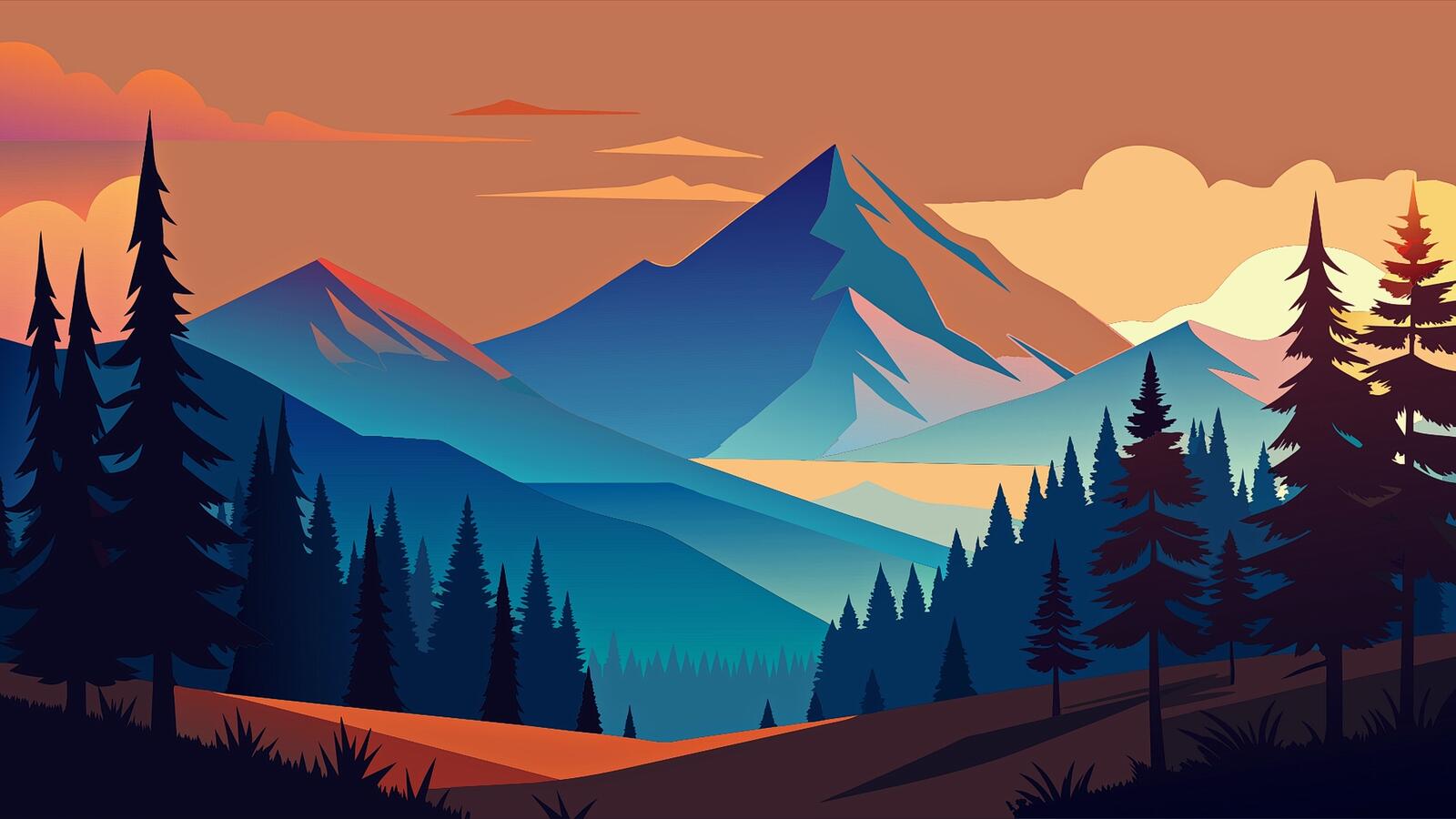 Бесплатное фото Рисунок лесной пейзаж на фоне голубых гор