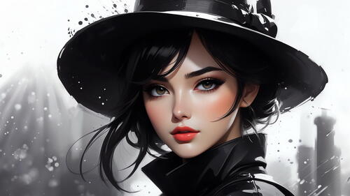 Портрет девушки в черной шляпе на светлом фоне