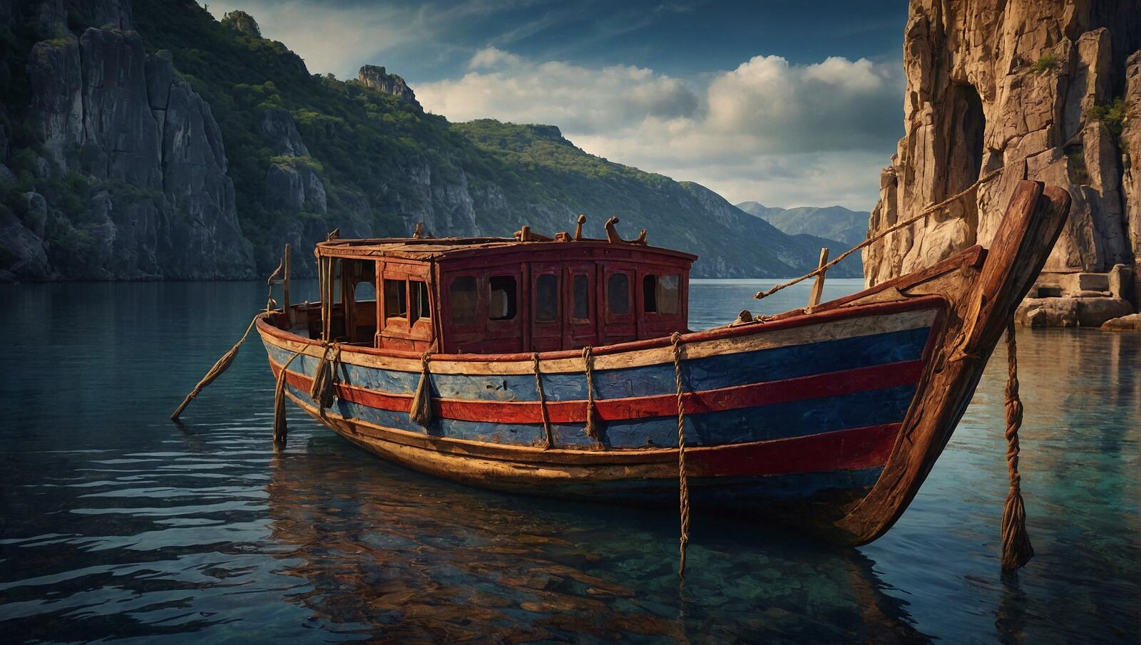 Бесплатное фото Лодка, сидящая на воде рядом с утесом.