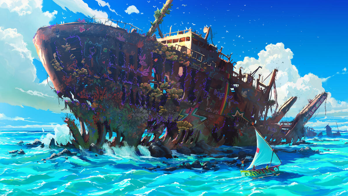 Рендеринг фантастической картинки с изображением заброшенного корабля и маленького парусника