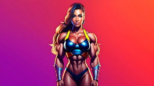 Bodybuilder girl in a leotard and wristbands standing on a colored background