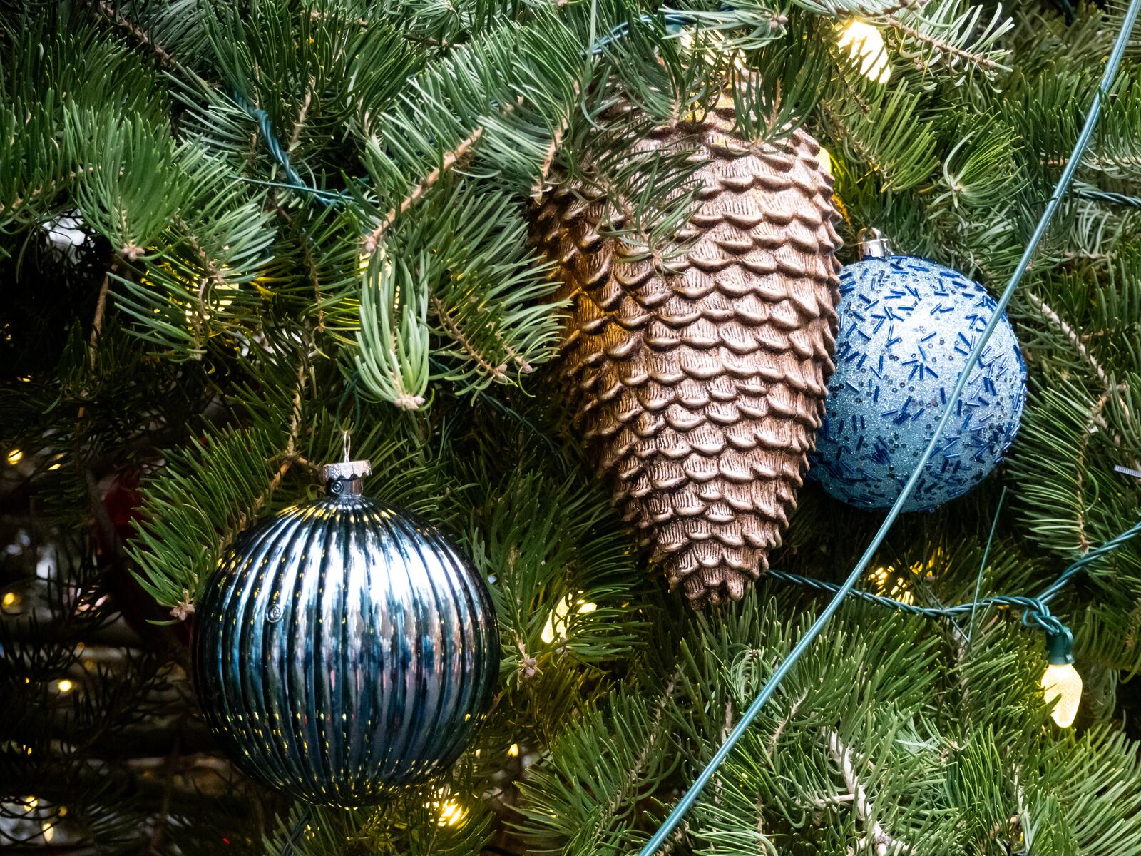 Free photo New Year`s toys with a checker on the branches of a fir tree