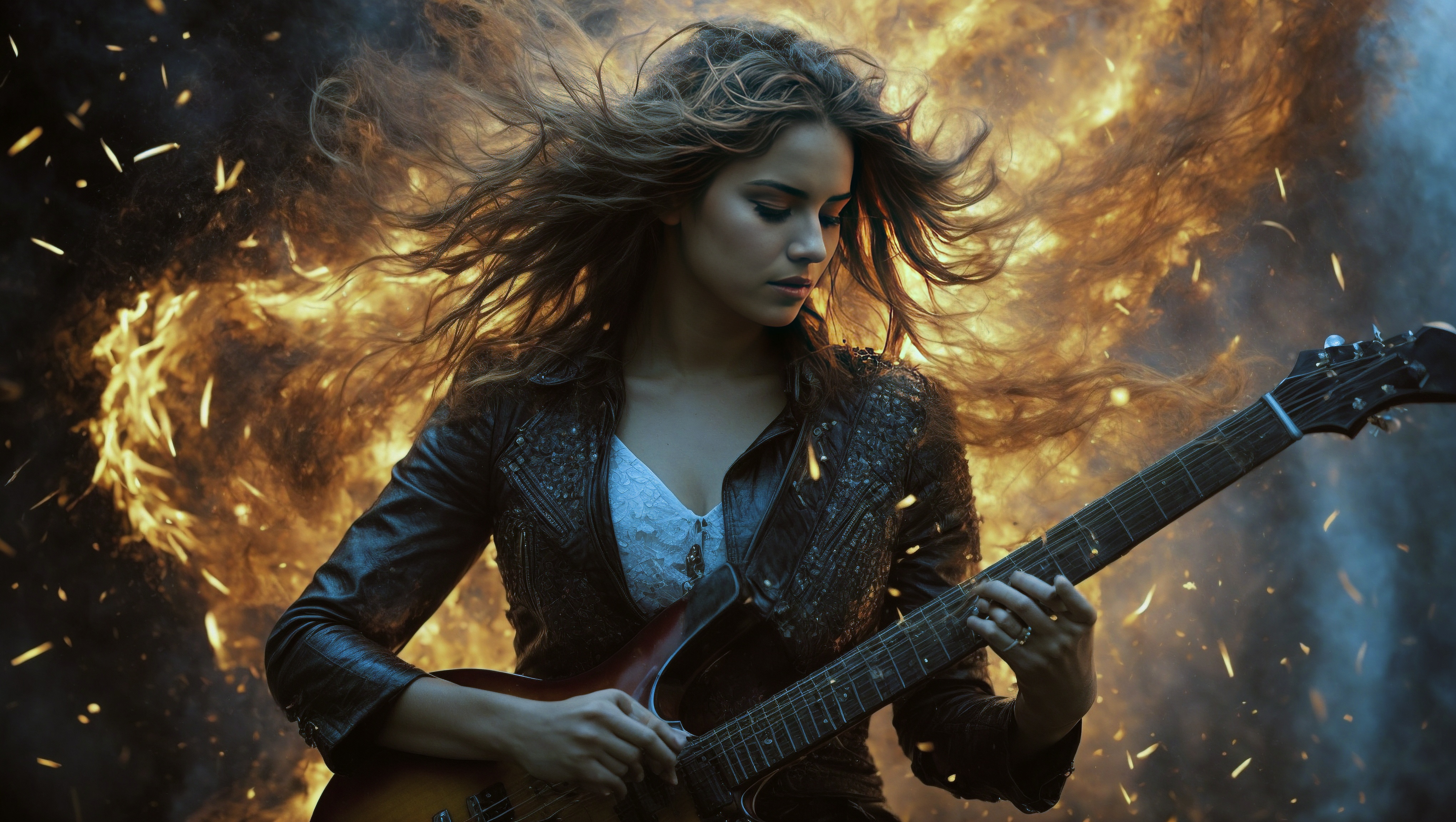 在火与云的背景下，一位抱着吉他的女士