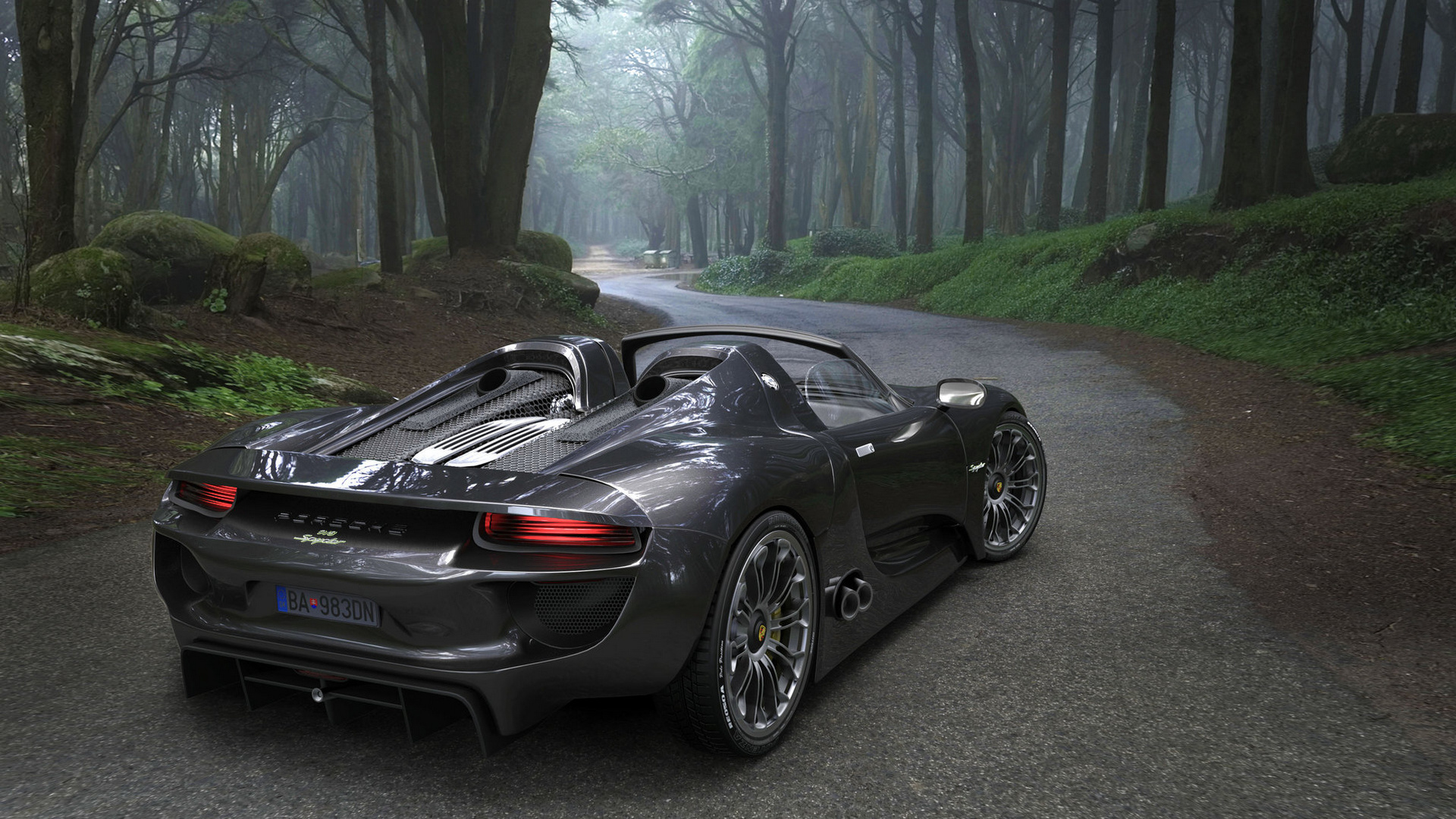A cool sports car on a forest road