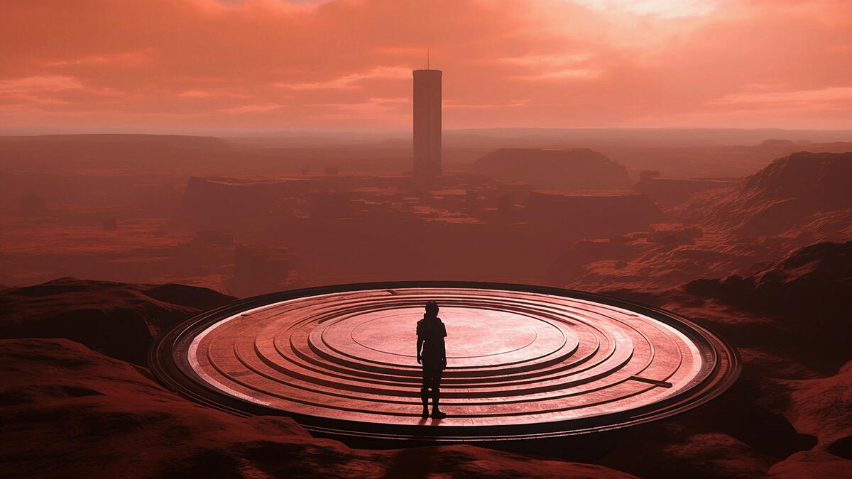 A man in a spacesuit stands on the planet mars and looks at the tower