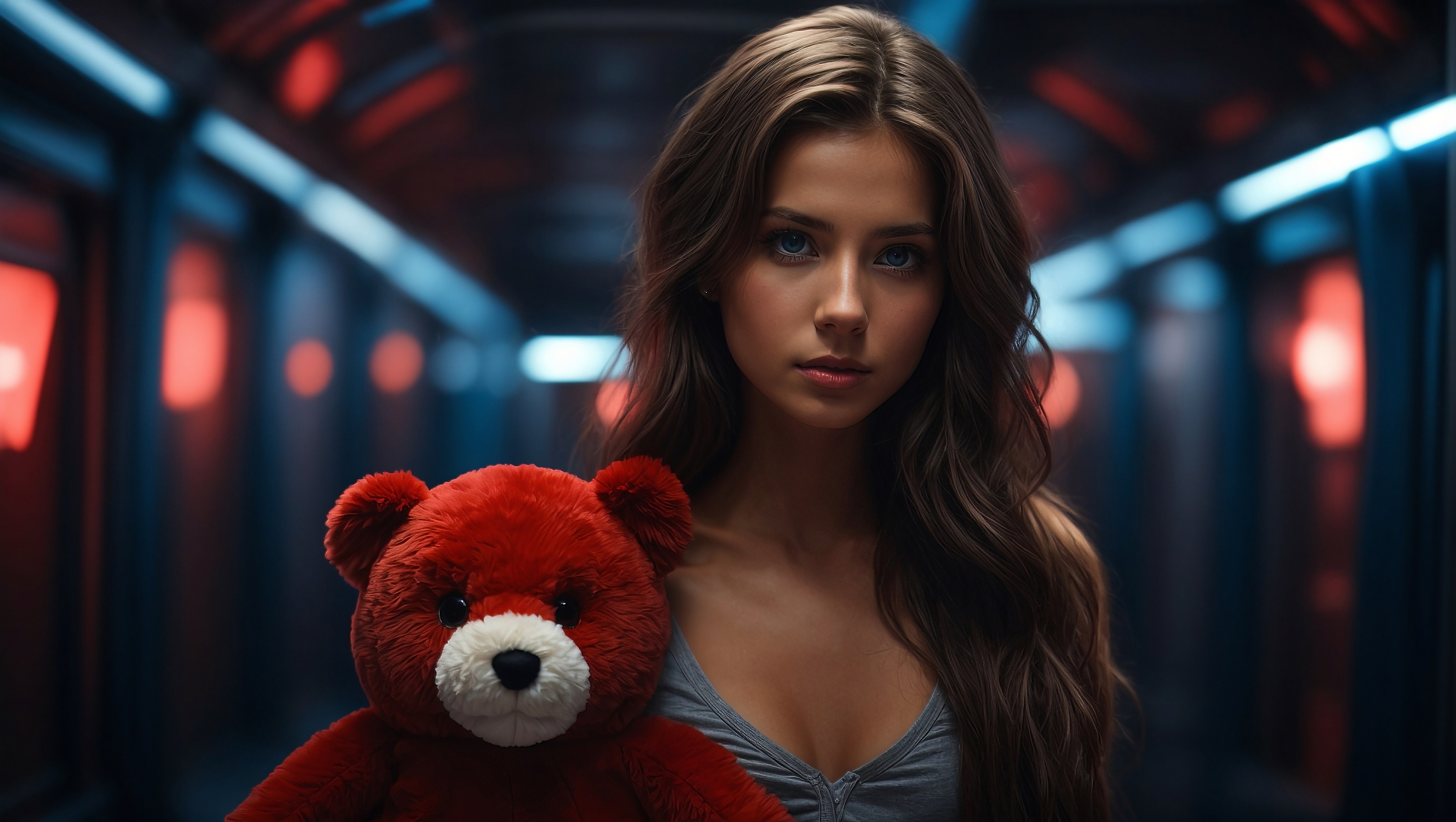 一位女士在走廊里抱着一只泰迪熊