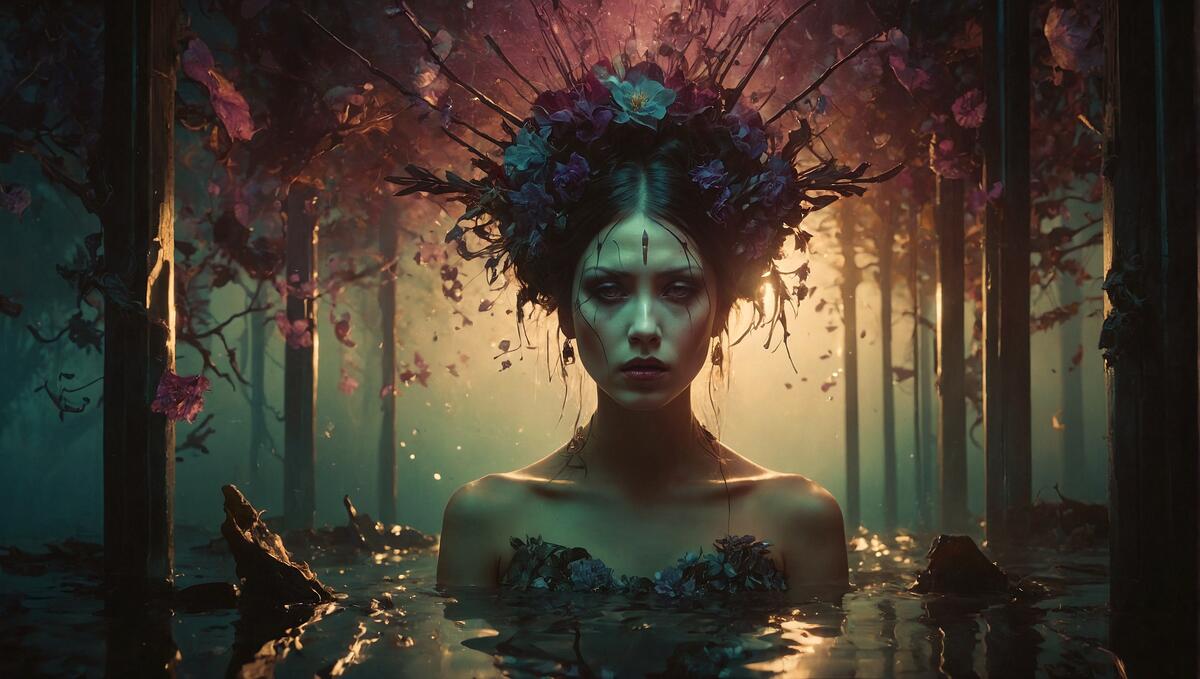 Женщина с цветами на голове в воде в окружении леса