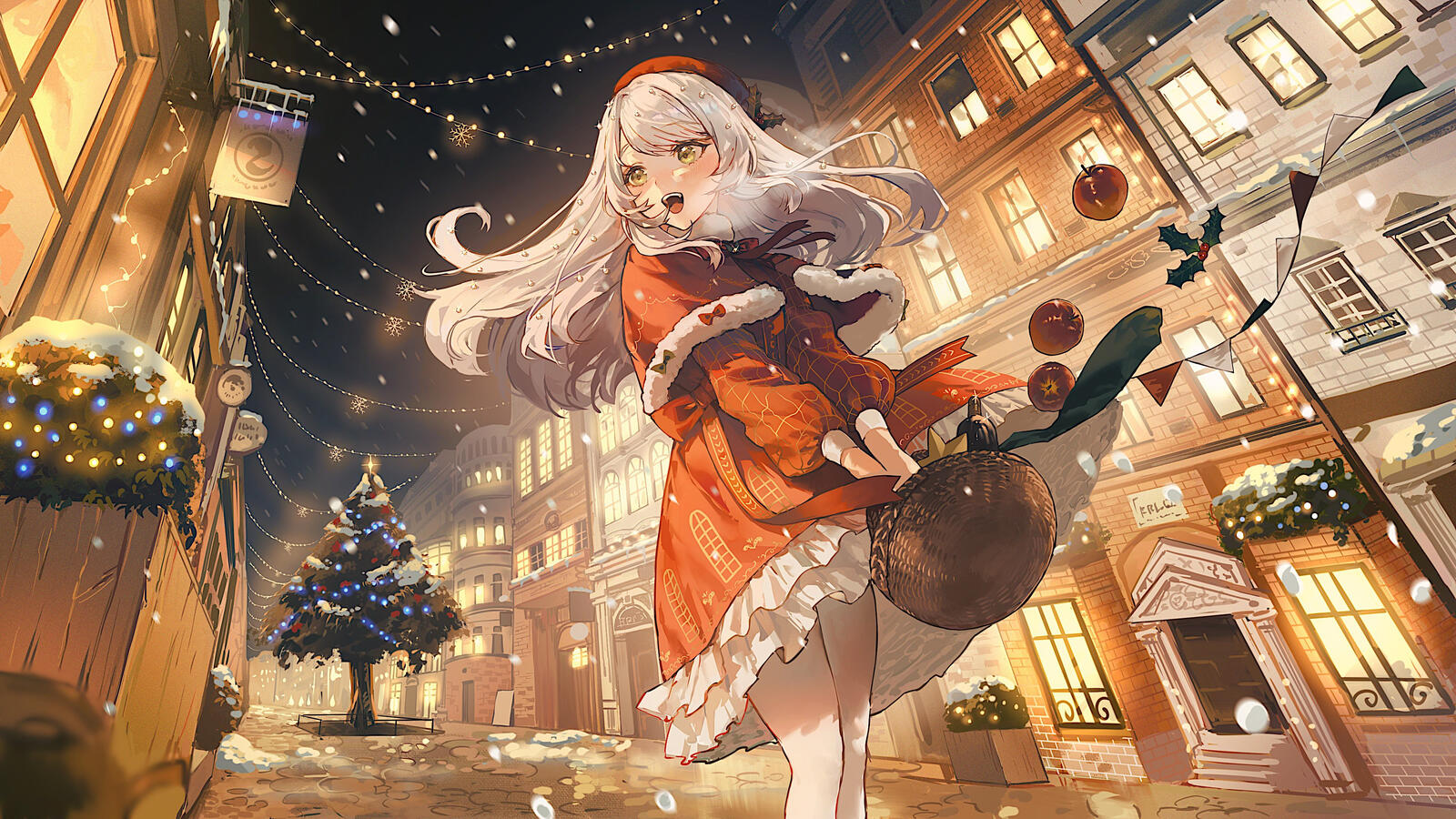 Бесплатное фото Аниме девочка в костюме санты в новогоднюю ночь