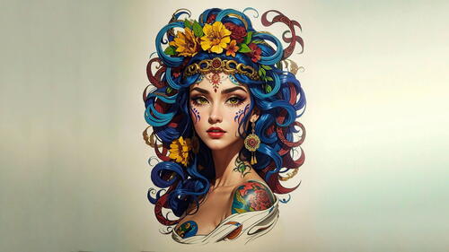 Девушка с синими волосами и цветы