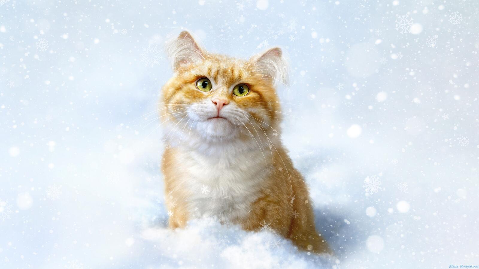 Free photo Drawing of a ginger cat in the snow