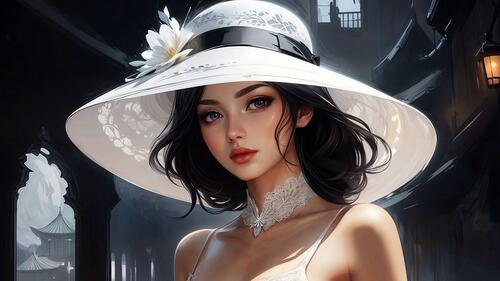 Портрет девушки брюнетка в белой шляпе на фоне старого города